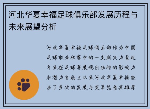 河北华夏幸福足球俱乐部发展历程与未来展望分析
