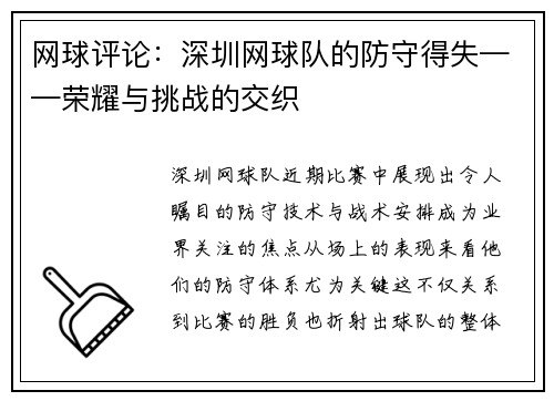 网球评论：深圳网球队的防守得失——荣耀与挑战的交织