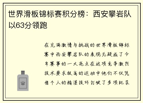 世界滑板锦标赛积分榜：西安攀岩队以63分领跑