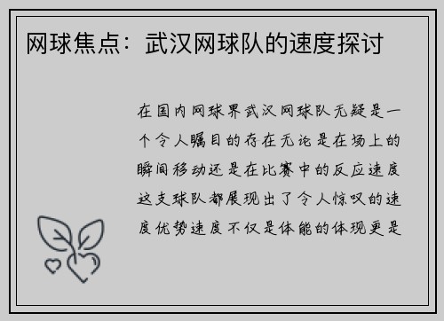 网球焦点：武汉网球队的速度探讨