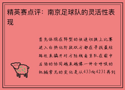 精英赛点评：南京足球队的灵活性表现
