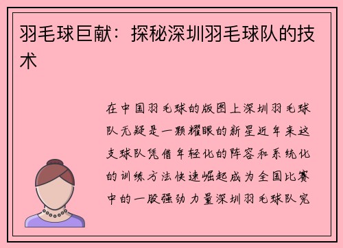 羽毛球巨献：探秘深圳羽毛球队的技术