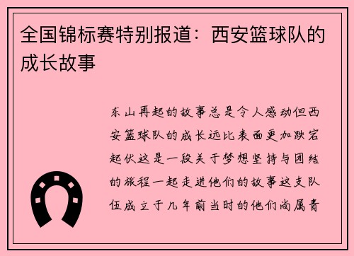 全国锦标赛特别报道：西安篮球队的成长故事